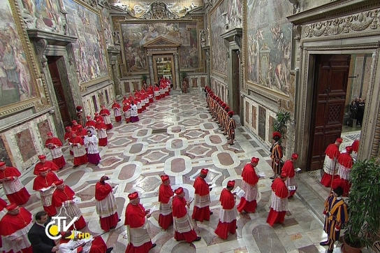 Cardinals enter the Sistine Chapel to begin the conclave in order to elect a successor to Pope Benedict at the Vatican